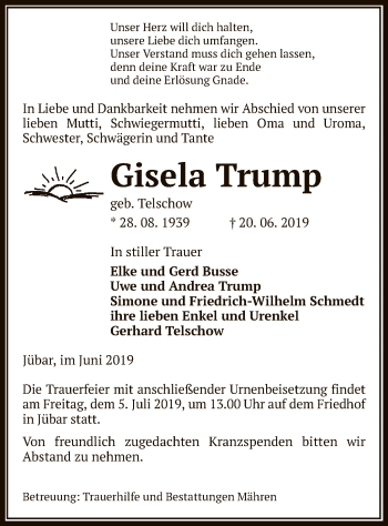 Traueranzeige von Gisela Trump von Uelzen