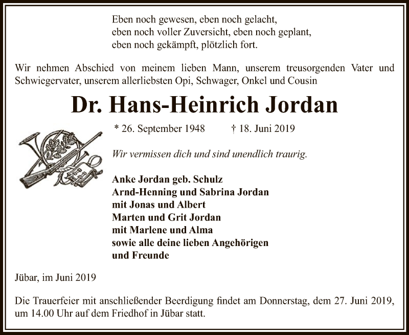  Traueranzeige für Hans-Heinrich Jordan vom 21.06.2019 aus Uelzen