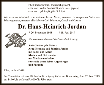 Traueranzeige von Hans-Heinrich Jordan von Uelzen