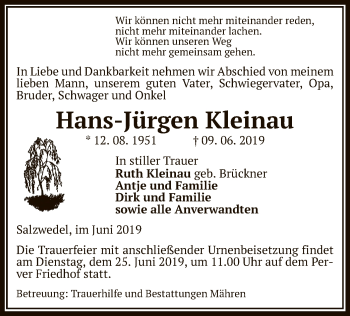 Traueranzeige von Hans-Jürgen Kleinau von Uelzen