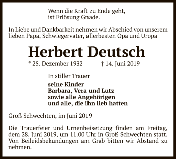 Traueranzeige von Herbert Deutsch von Uelzen