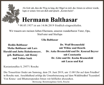 Traueranzeige von Hermann Balthasar von Uelzen