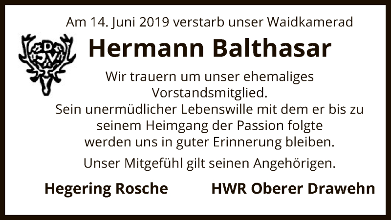 Traueranzeige für Hermann Balthasar vom 22.06.2019 aus Uelzen