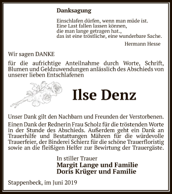 Traueranzeige von Ilse Denz von Uelzen