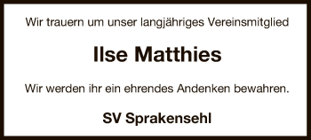 Traueranzeige von Ilse Matthies von Uelzen