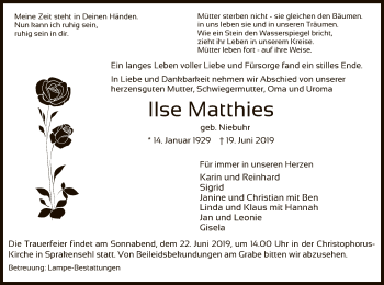 Traueranzeige von Ilse Matthies von Uelzen