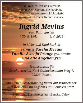 Traueranzeige von Ingrid Mevius von Uelzen