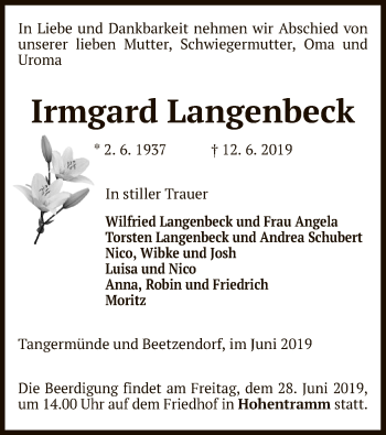 Traueranzeige von Irmgard Langenbeck von Uelzen