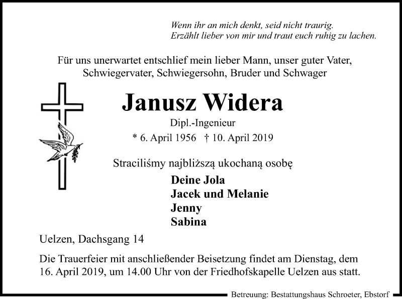  Traueranzeige für Janusz Widera vom 13.04.2019 aus Uelzen