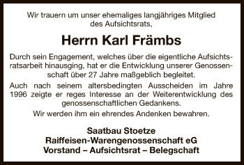 Traueranzeige von Karl Främbs von Uelzen