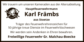 Traueranzeige von Karl Främbs von Uelzen