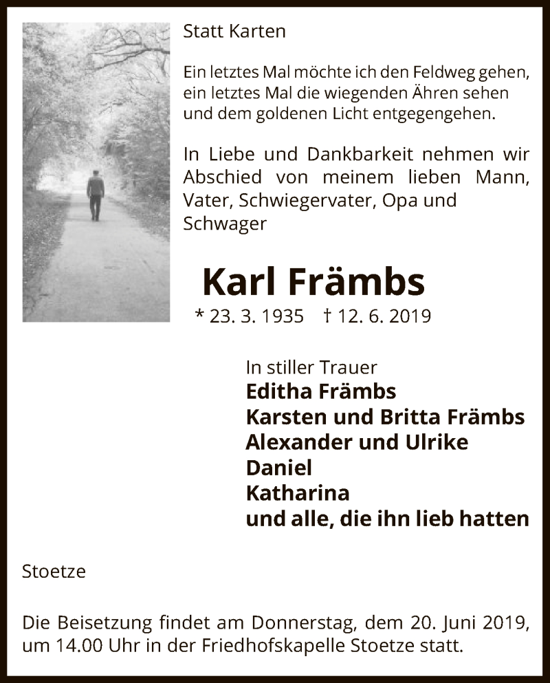  Traueranzeige für Karl Främbs vom 15.06.2019 aus Uelzen