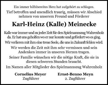 Traueranzeige von Karl-Heinz Kalle Meinecke von Uelzen