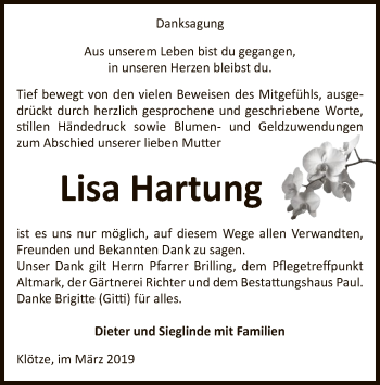 Traueranzeige von Lisa Hartung von Uelzen