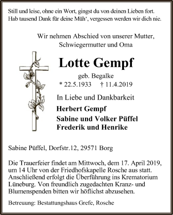 Traueranzeige von Lotte Gempf von Uelzen