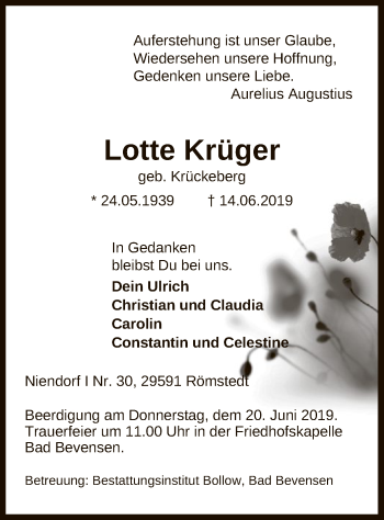 Traueranzeige von Lotte Krüger von Uelzen