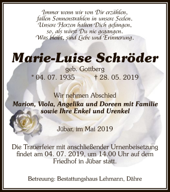 Traueranzeige von Marie-Luise Schröder von Uelzen