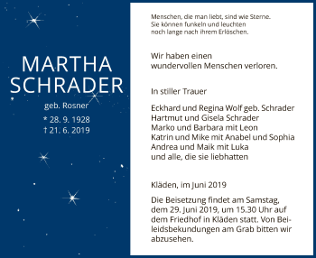 Traueranzeige von Martha Schrader von Uelzen