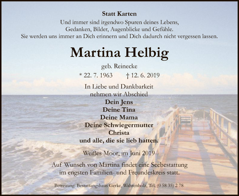  Traueranzeige für Martina Helbig vom 15.06.2019 aus Uelzen
