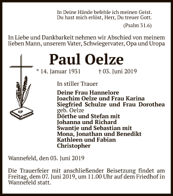 Traueranzeige von Paul Oelze von Uelzen