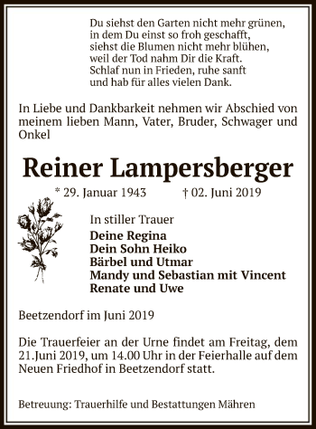 Traueranzeige von Reiner Lampersberger von Uelzen