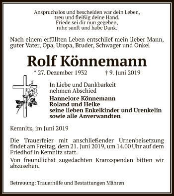 Traueranzeige von Rolf Könnemann von Uelzen