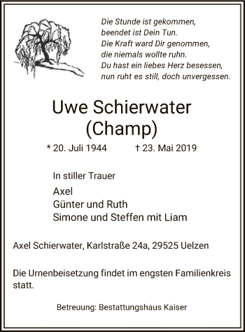 Traueranzeige von Uwe Schierwater von Uelzen