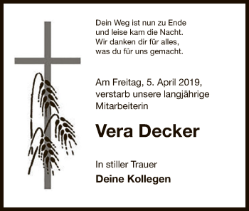 Traueranzeige von Vera Decker von Uelzen