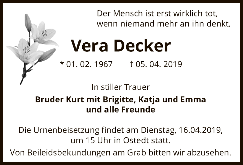  Traueranzeige für Vera Decker vom 13.04.2019 aus Uelzen