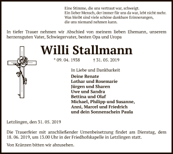 Traueranzeige von Willi Stallmann von Uelzen