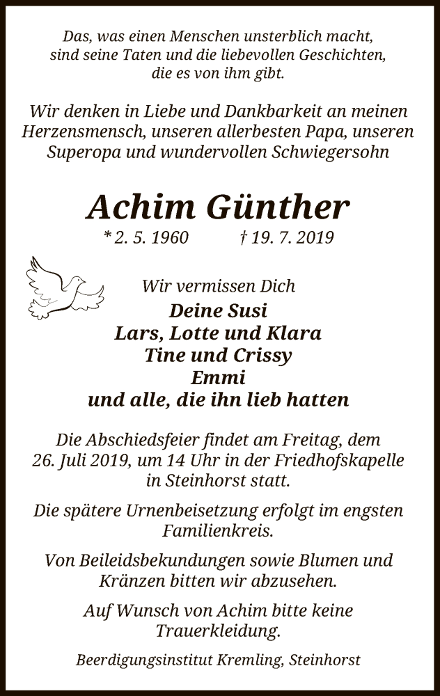  Traueranzeige für Achim Günther vom 23.07.2019 aus Uelzen