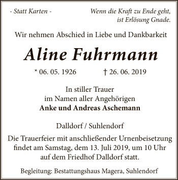 Traueranzeige von Aline Fuhrmann von Uelzen