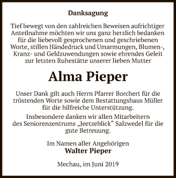 Traueranzeige von Alma Pieper von Uelzen