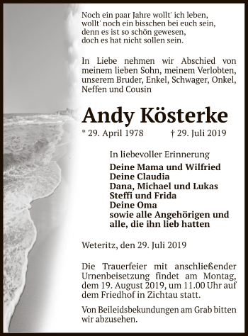 Traueranzeige von Andy Kösterke von Uelzen