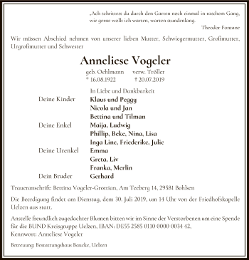 Traueranzeige von Anneliese Vogeler von Uelzen