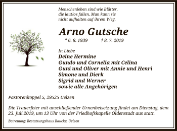 Traueranzeige von Arno Gutsche von Uelzen