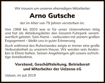 Traueranzeige von Arno Gutsche von Uelzen