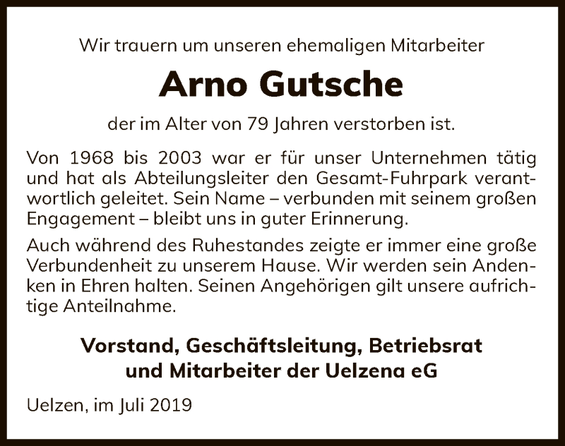  Traueranzeige für Arno Gutsche vom 13.07.2019 aus Uelzen