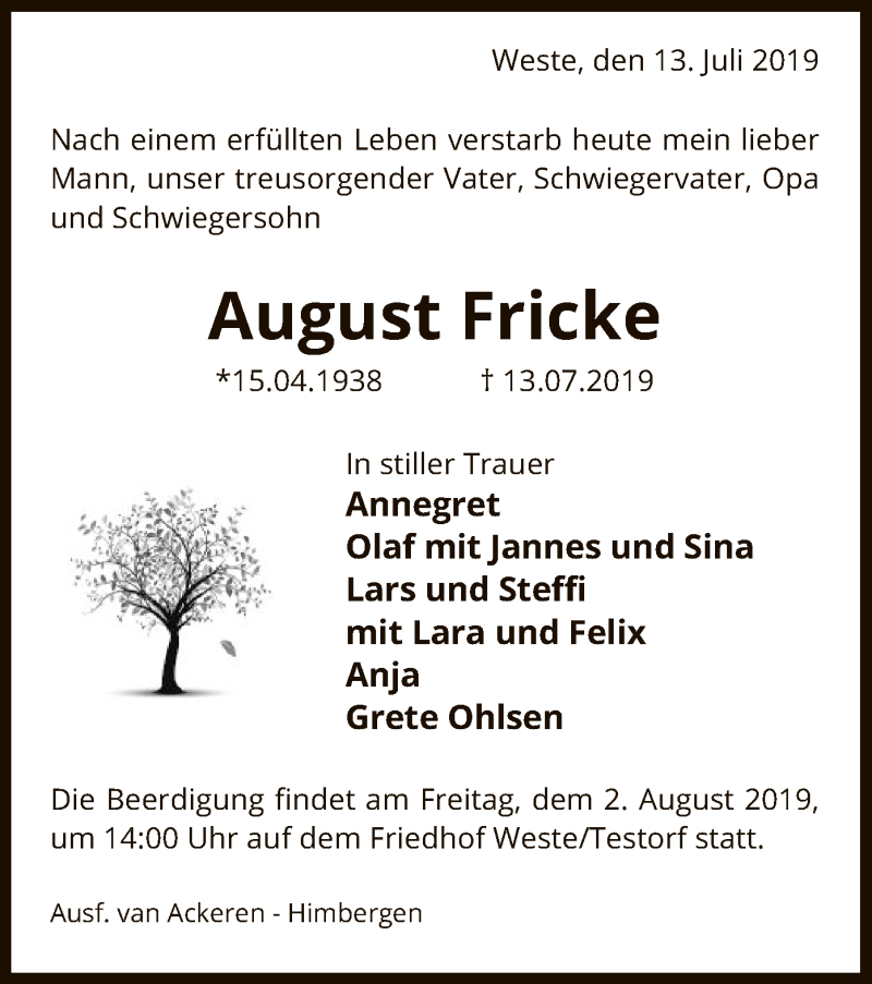  Traueranzeige für August Fricke vom 27.07.2019 aus Uelzen