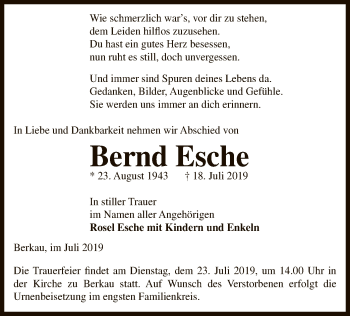 Traueranzeige von Bernd Esche von Uelzen