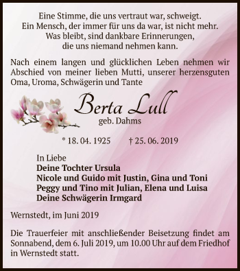 Traueranzeige von Berta Lull von Uelzen