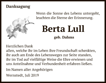 Traueranzeige von Berta Lull von Uelzen