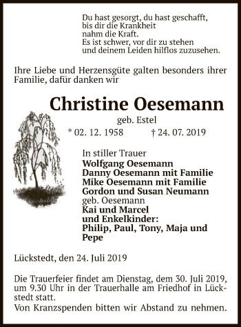 Traueranzeige von Christine Oesemann von Uelzen