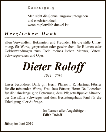 Traueranzeige von Dieter Roloff von Uelzen