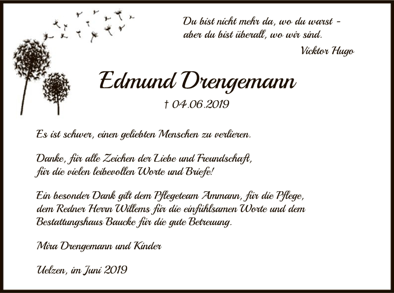  Traueranzeige für Edmund Drengemann vom 29.06.2019 aus Uelzen