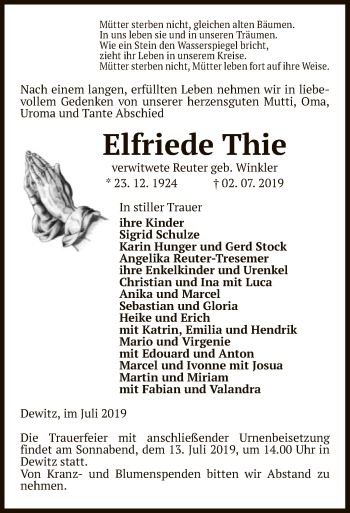 Traueranzeige von Elfriede Thie von Uelzen