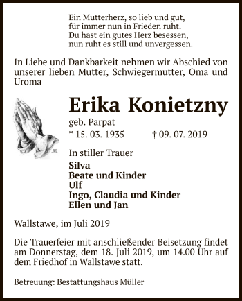 Traueranzeige von Erika Konietzny von Uelzen