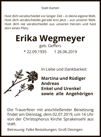 Traueranzeige von Erika Wegmeyer von Uelzen