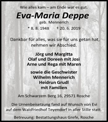 Traueranzeige von Eva-Maria Deppe von Uelzen