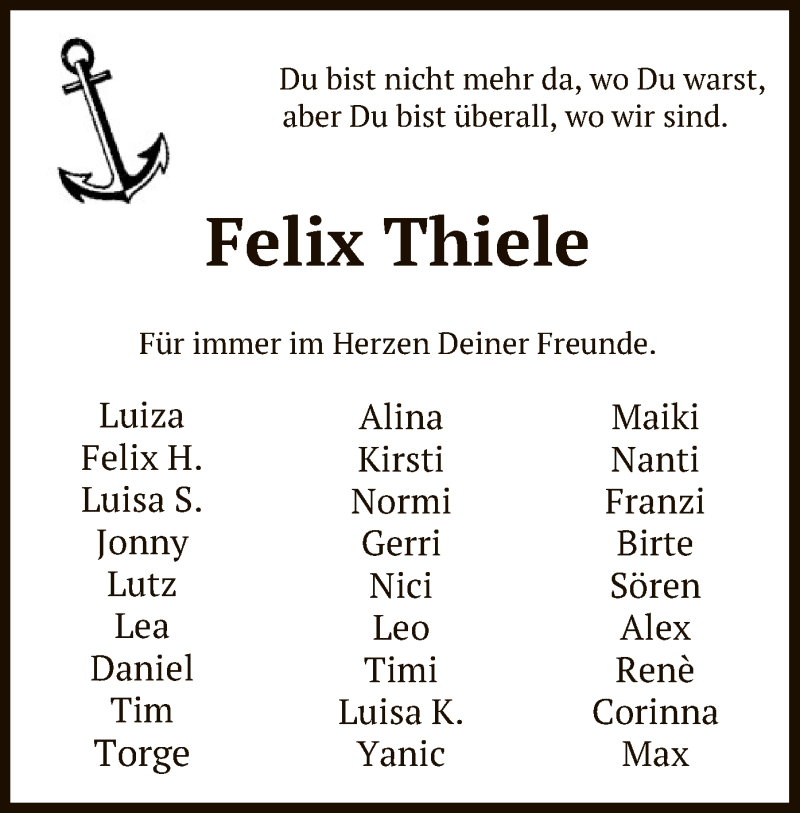  Traueranzeige für Felix Thiele vom 13.07.2019 aus Uelzen